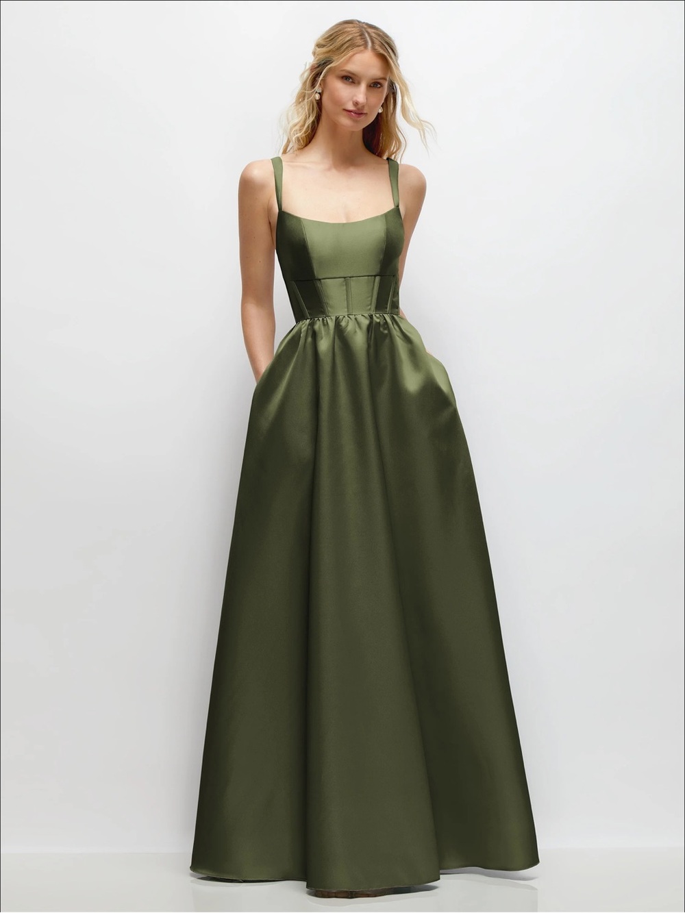 Dessy Scoop Neck Inset Corset Satin Maxi Dress with Pockets